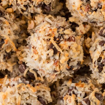Close up of a pile of the almond joy cookies