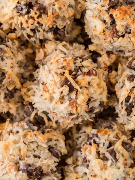 Close up of a pile of the almond joy cookies