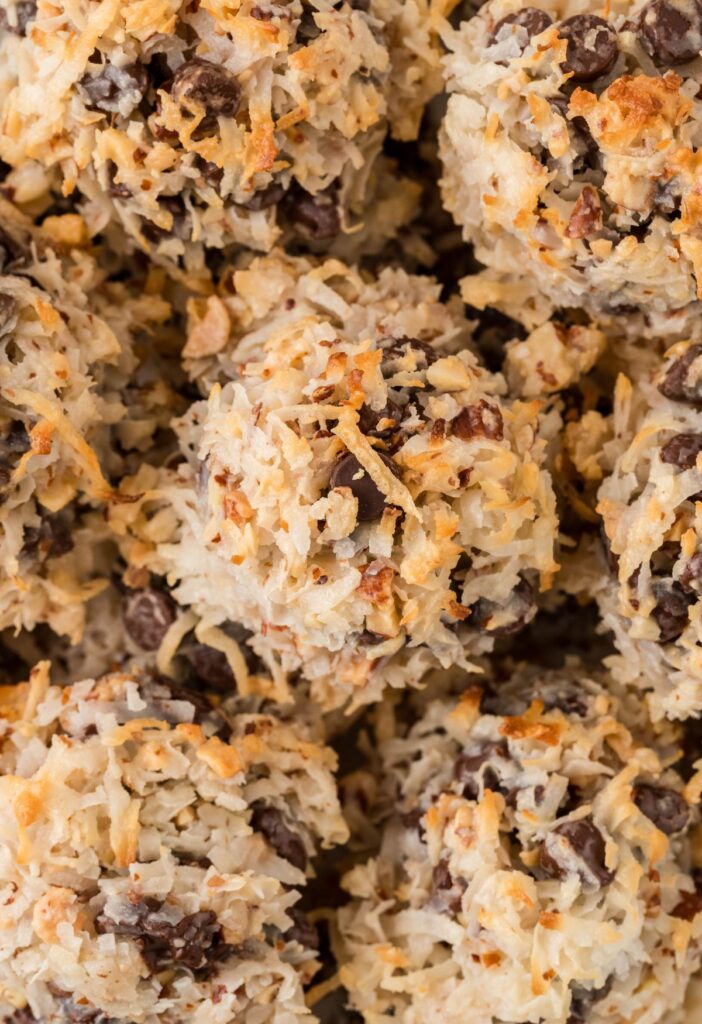 Close up of a pile of the almond joy cookies