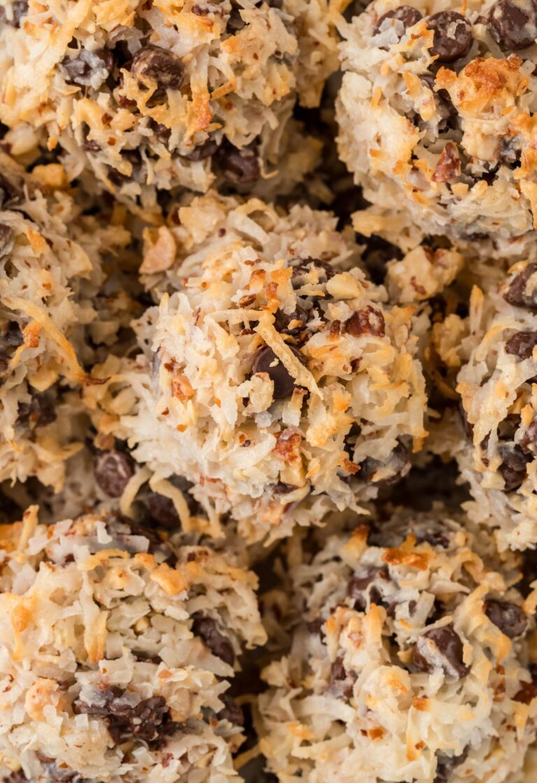 Close up of a pile of the almond joy cookies
