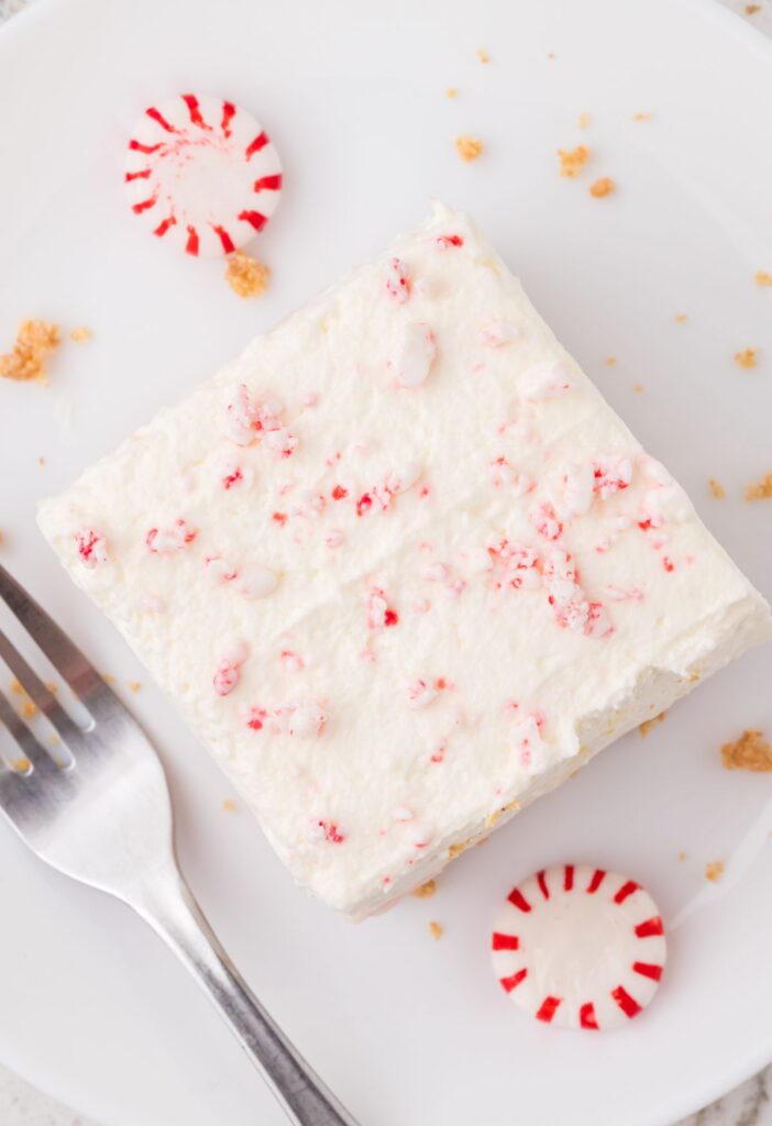A piece of the peppermint lush on a plate with a fork. 