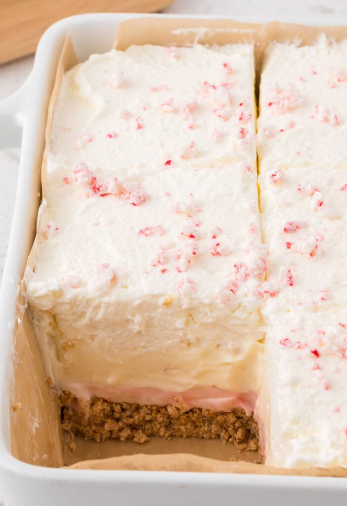 Pan of no bake lush dessert with a side view of the layers