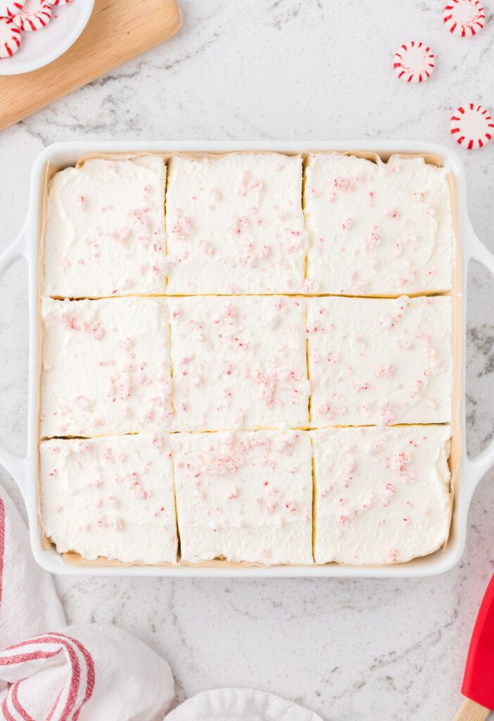 Top view of the pan of no bake layered lush.