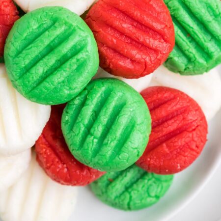 Cream cheese mints made in Christmas colors.