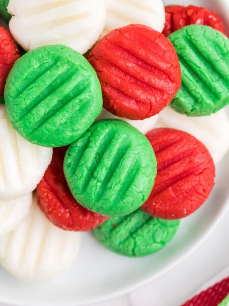 Cream cheese mints made in Christmas colors.