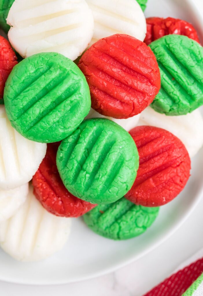 Cream cheese mints made in Christmas colors. 