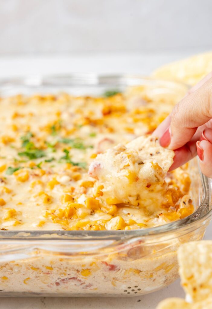 Casserole dish of the oven baked corn dip