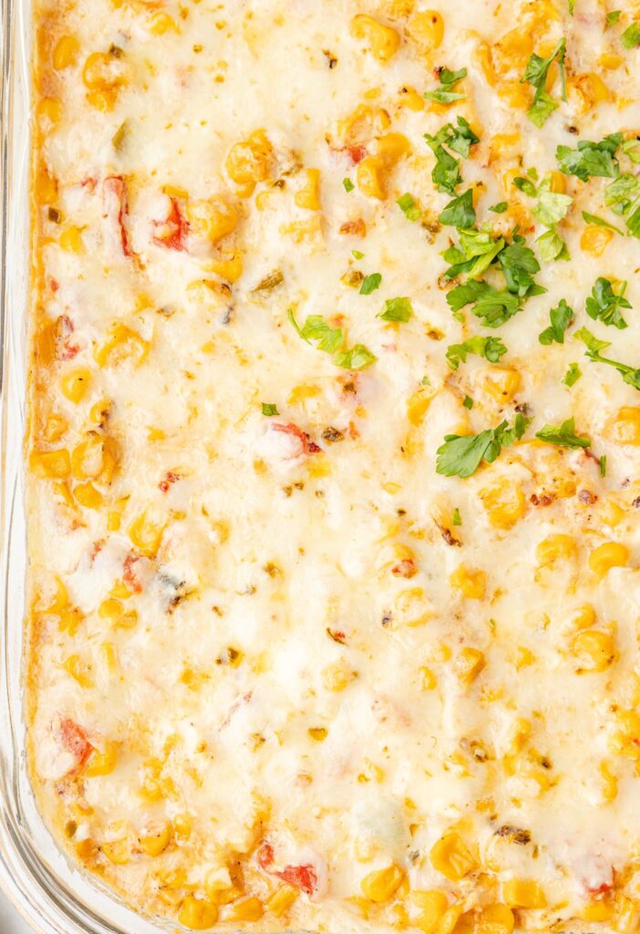 Casserole dish of the baked hot corn dip