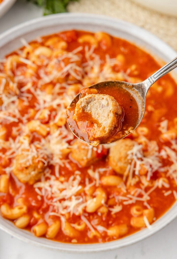 Hero shot of the meatball soup with frozen meatballs, crushed tomatoes, and pasta.
