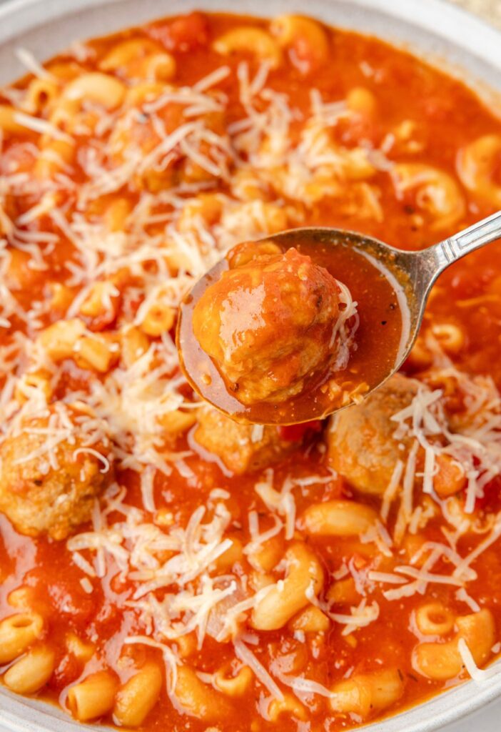 Hero shot of the meatball soup with frozen meatballs, crushed tomatoes, and pasta.