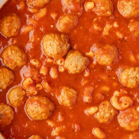 Pot of the meatball soup with frozen meatballs