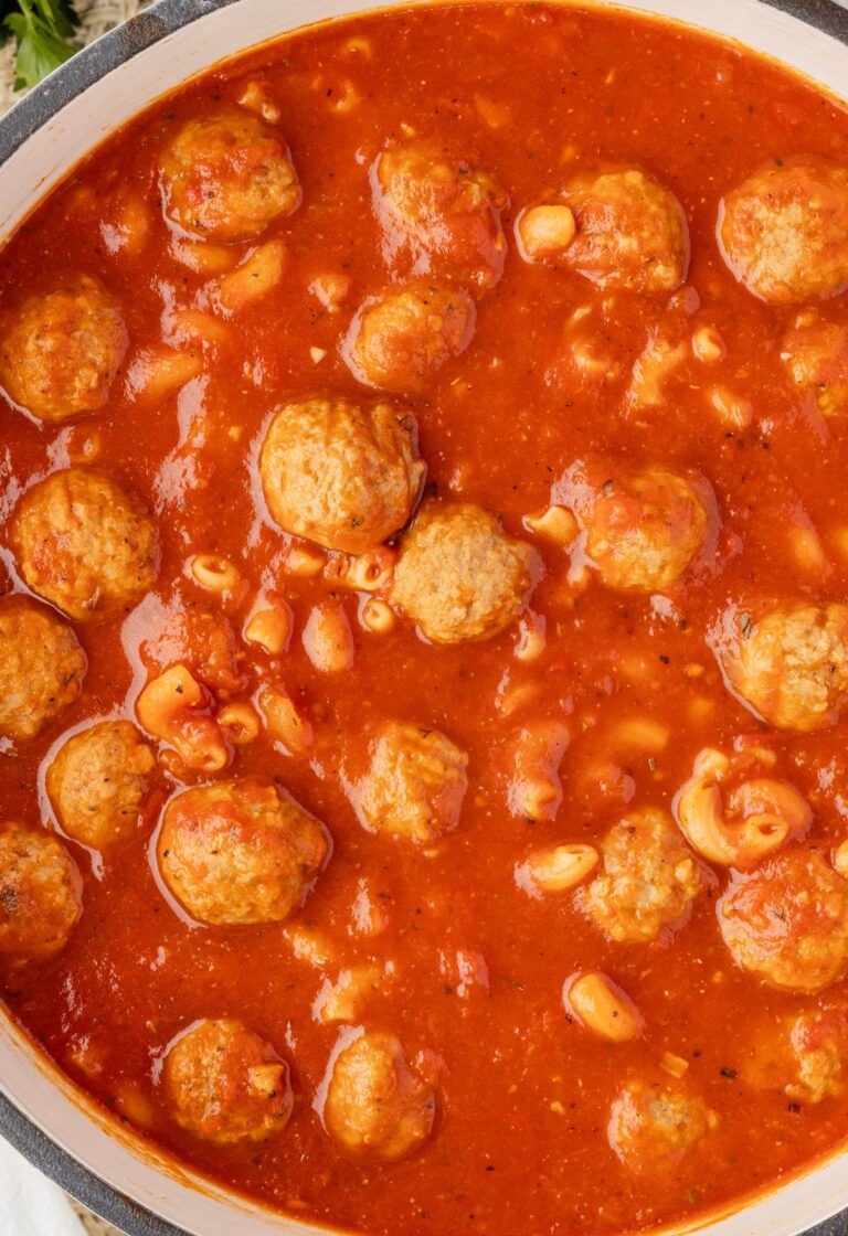 Pot of the meatball soup with frozen meatballs