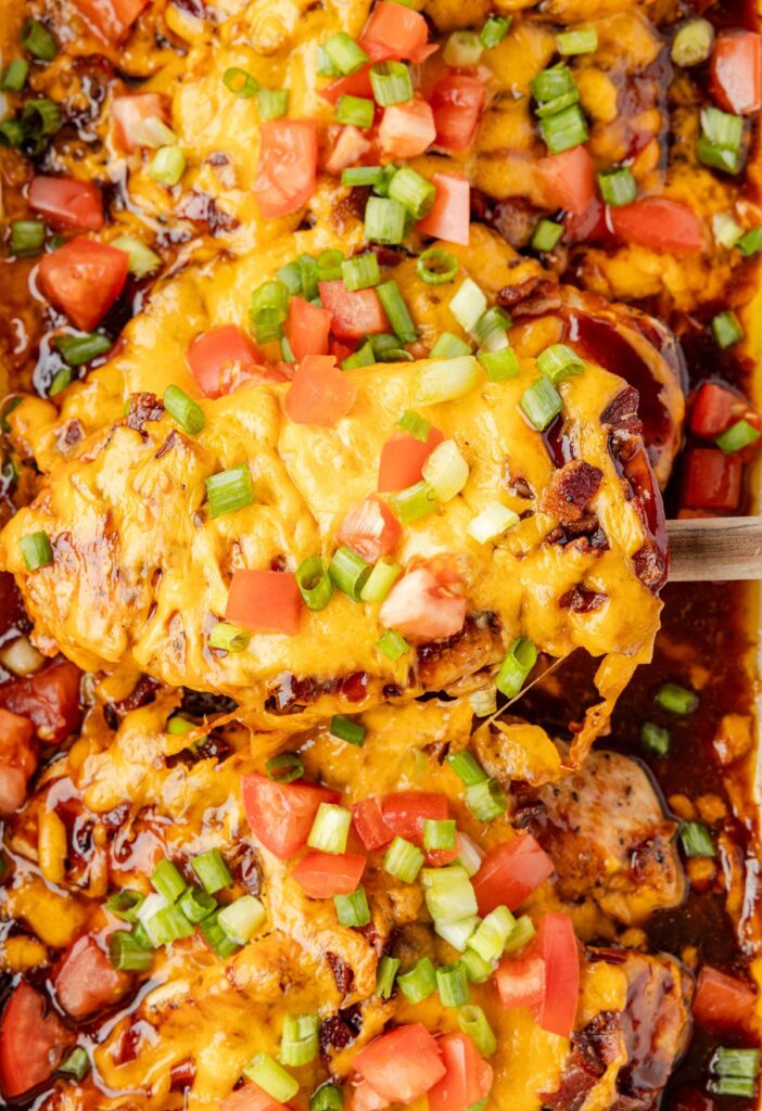 A pan of Monterey chicken that is baked and ready to serve. 