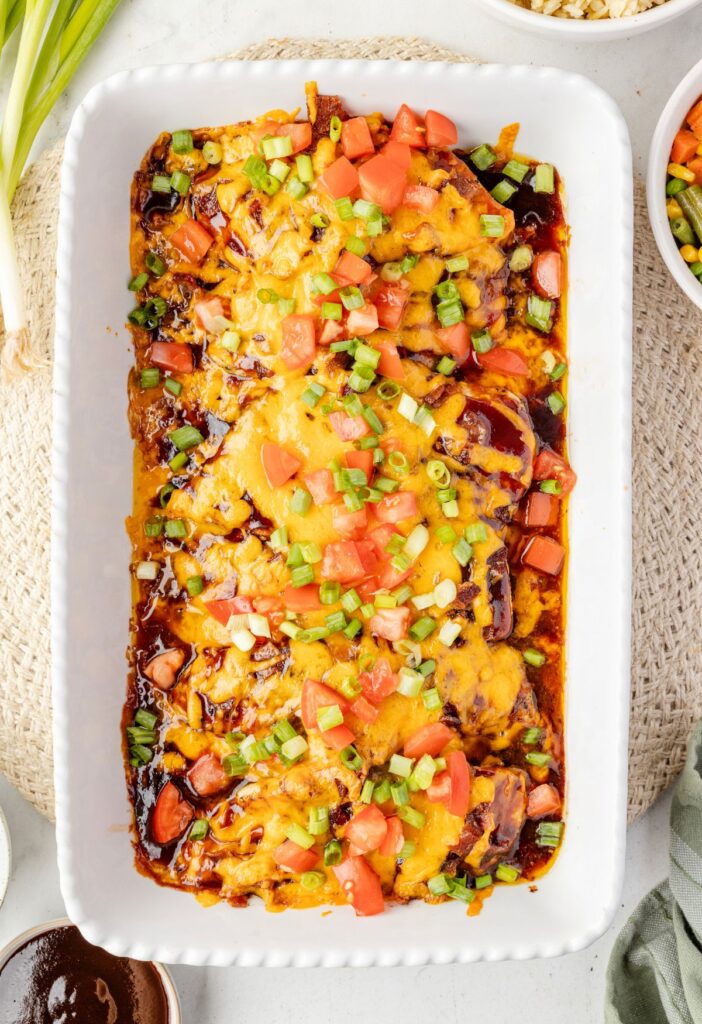 Top view of the baked oven dish with the chicken in it. 