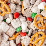 Close up of the snack mix with muddy buddy chex cereal