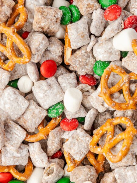 Close up of the snack mix with muddy buddy chex cereal