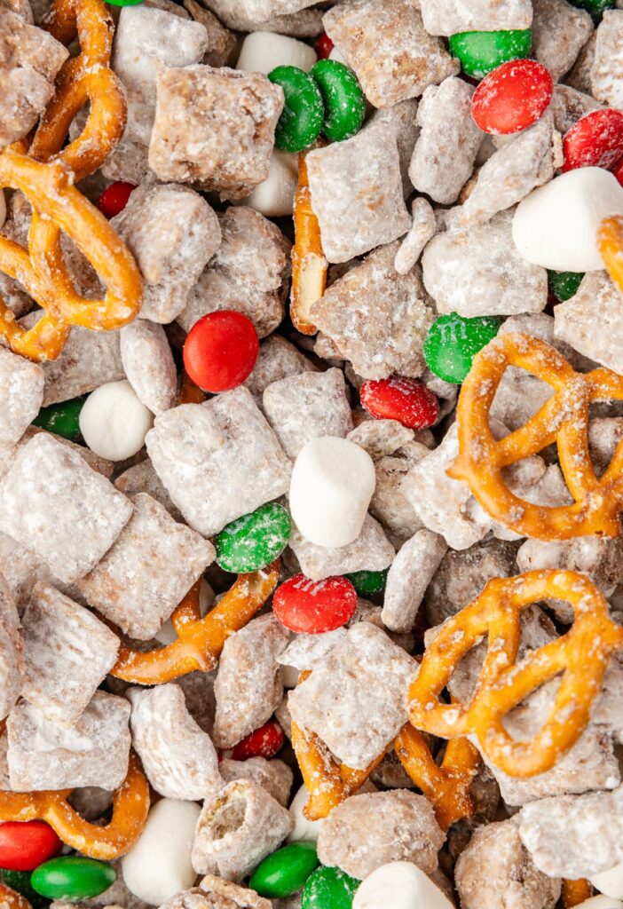 Close up of the snack mix with muddy buddy chex cereal
