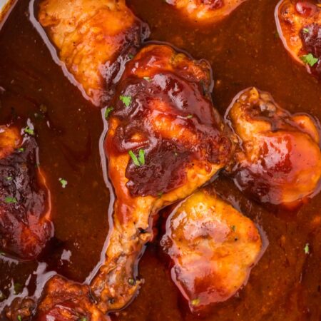 Top view of the chicken legs in bbq sauce.