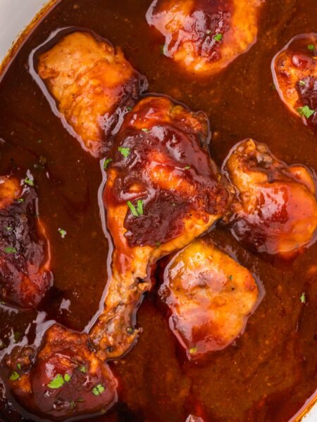 Top view of the chicken legs in bbq sauce.