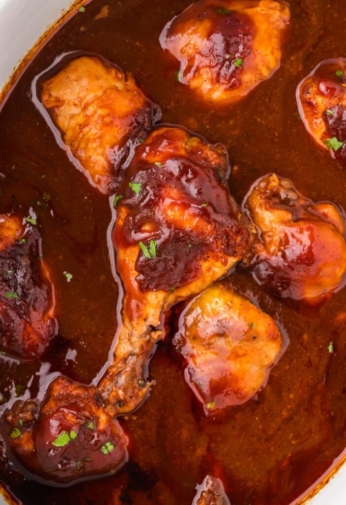 Top view of the chicken legs in bbq sauce.