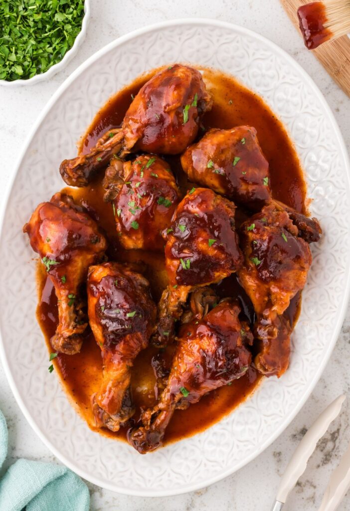 Platter of chicken legs with bbq sauce