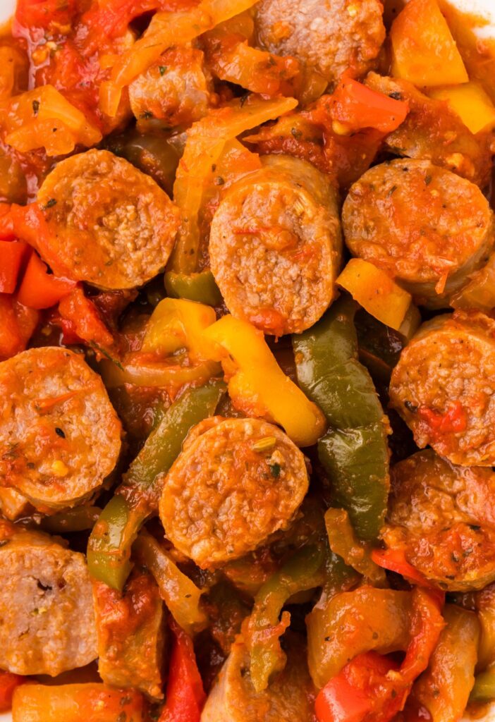 Close up of the sliced sausages. 