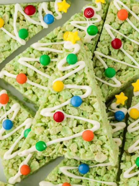 A tree made from Rice Krispies and marshmallows, decorated with mini m&m's.