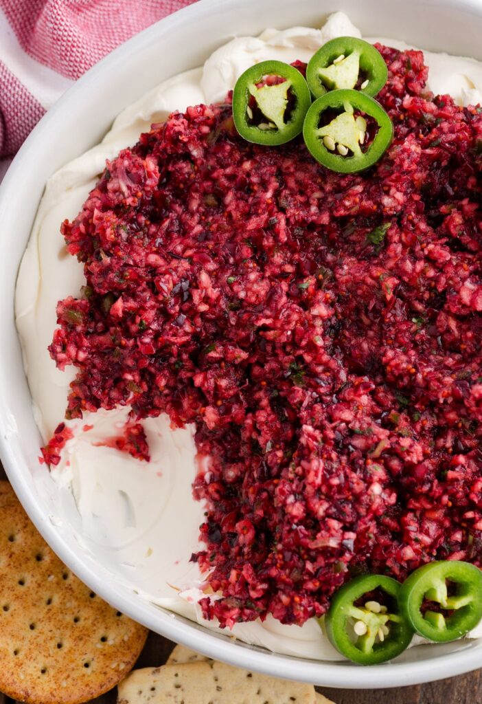 Top view of the cream cheese dip with jalapeño and cranberries.