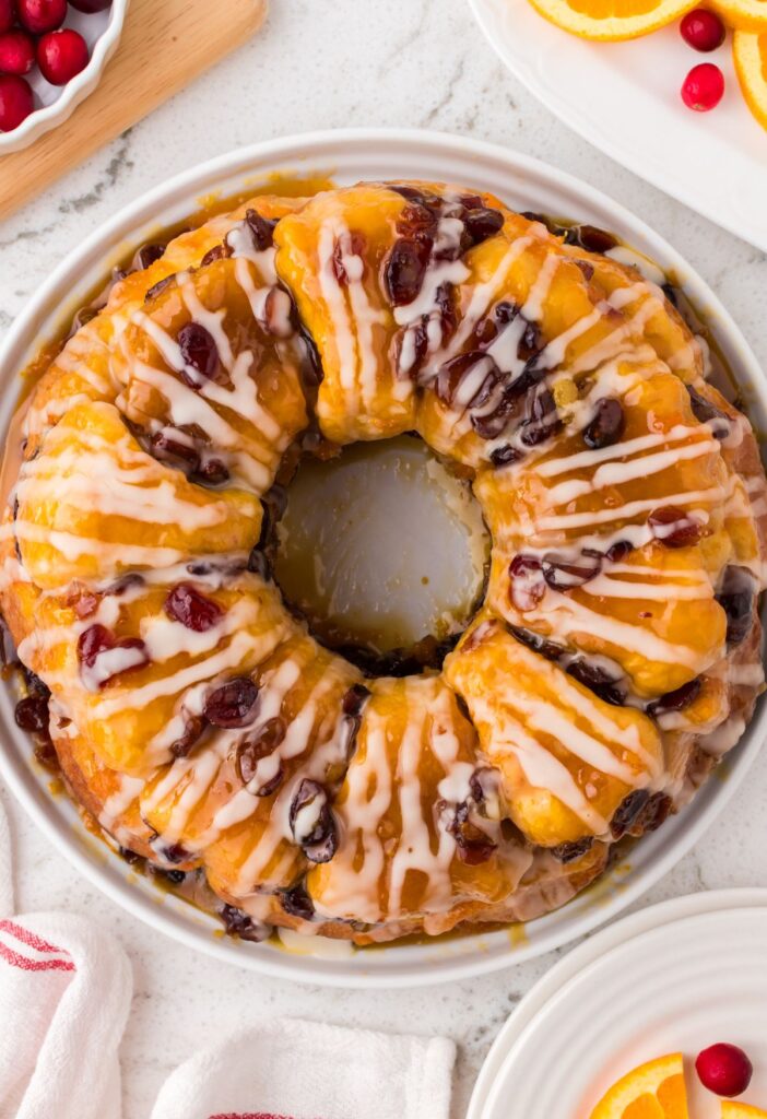 Top view of the baked monkey bread with a glaze on top. 