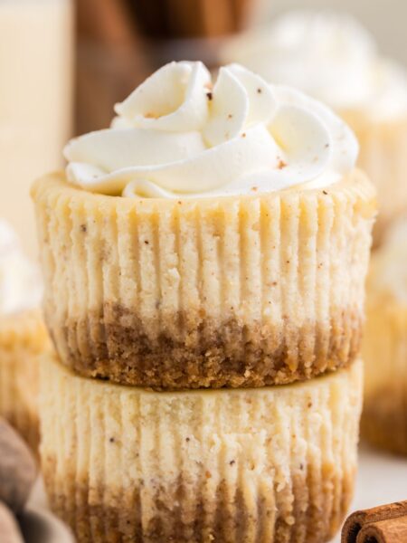 Stack of two mini cheesecakes with whipped cream on top.