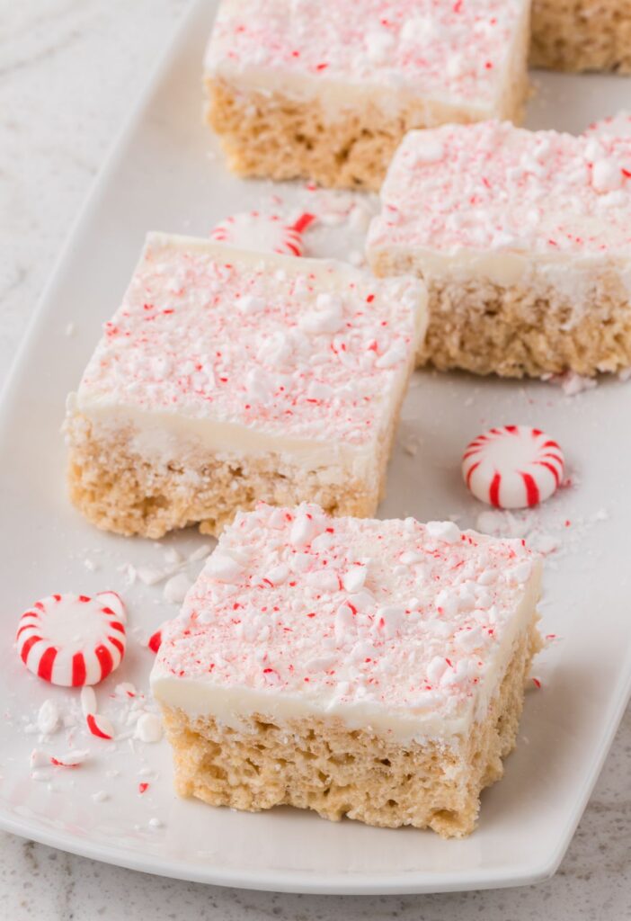 Tray of squares of the peppermint Rice Krispies 