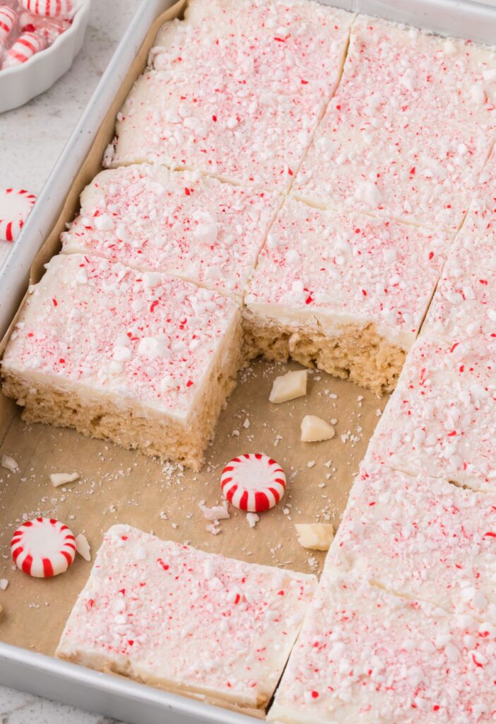 Side view of the pan of Krispie treats. 