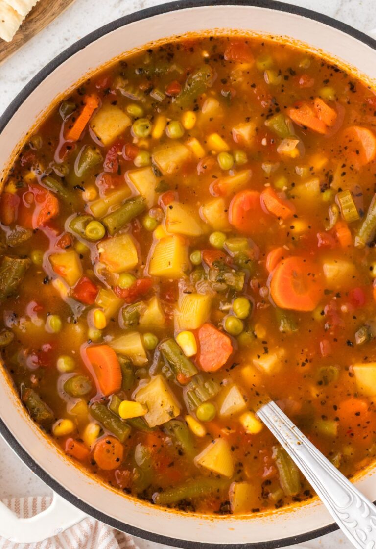 Soup pot of vegetable soup with a soup ladle in the soup.