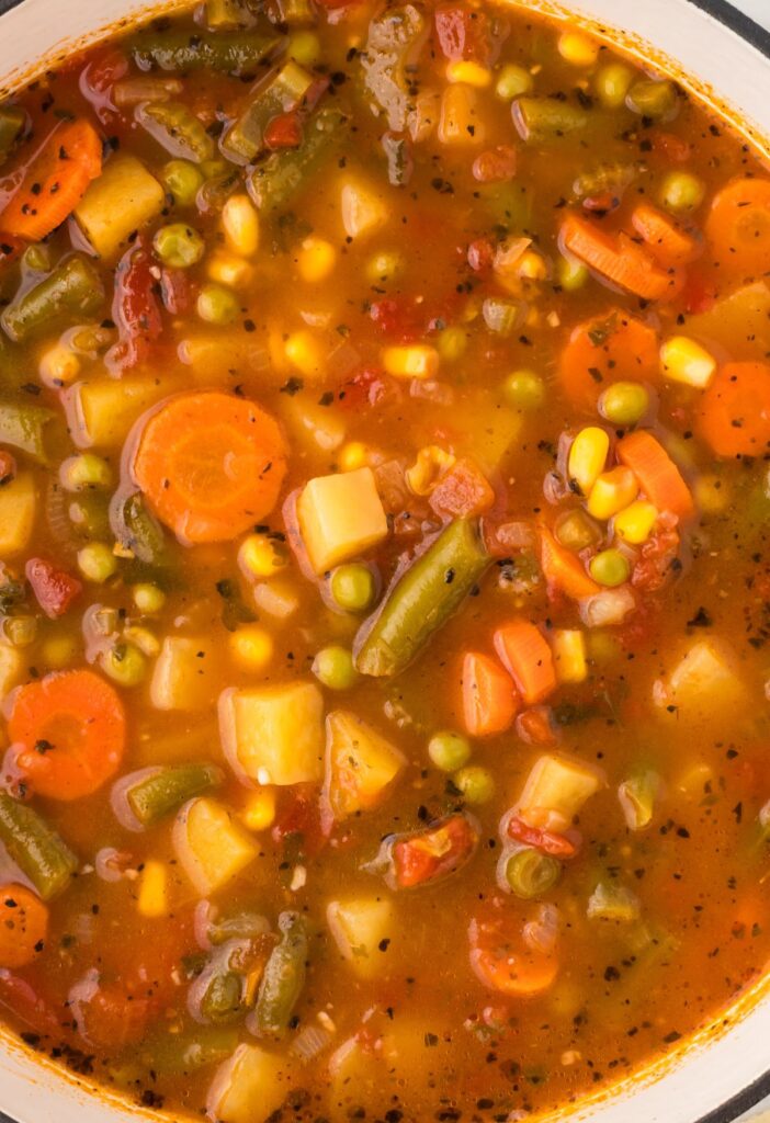 Top view of a pot of soup