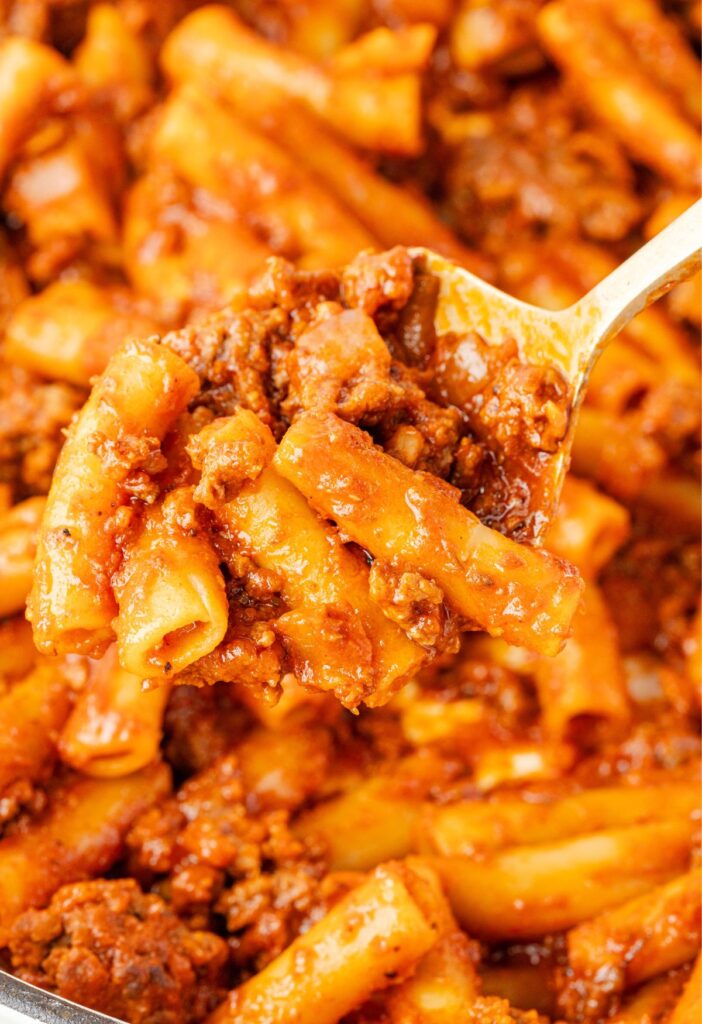 A scoop of the pasta and meat sauce