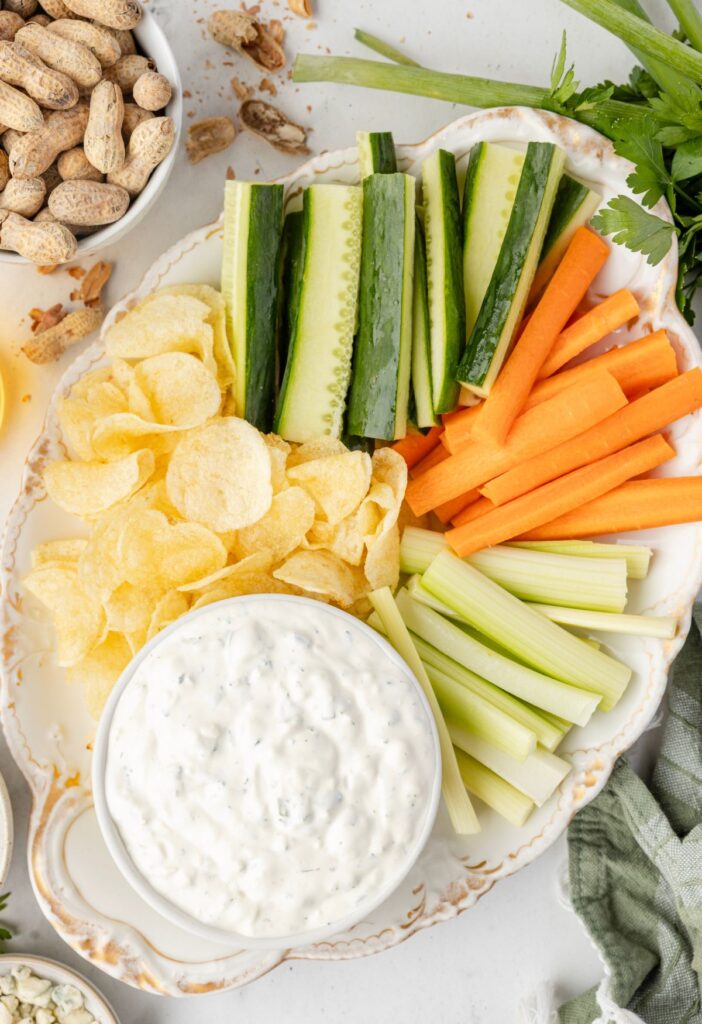 Serving platter of dip with dipping options.