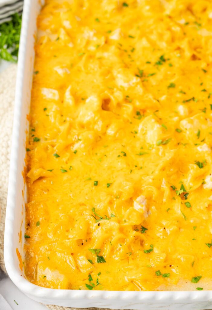 Casserole dish of the cheese chicken casserole.