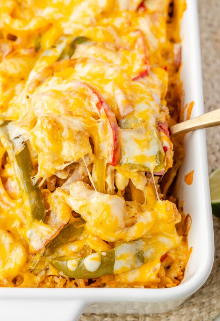 Casserole dish with the cheesy chicken fajita mixture.