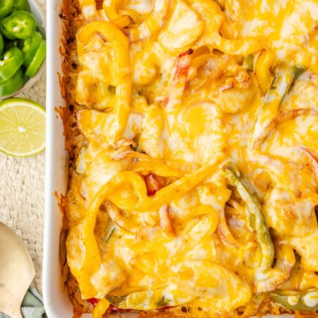 Top view of the cheesy baked fajita chicken casserole