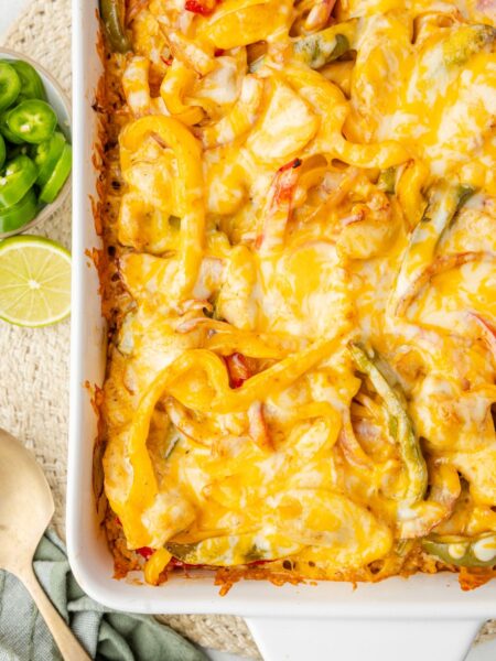 Top view of the cheesy baked fajita chicken casserole