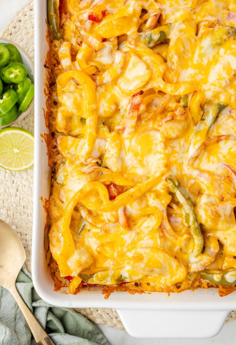 Top view of the cheesy baked fajita chicken casserole