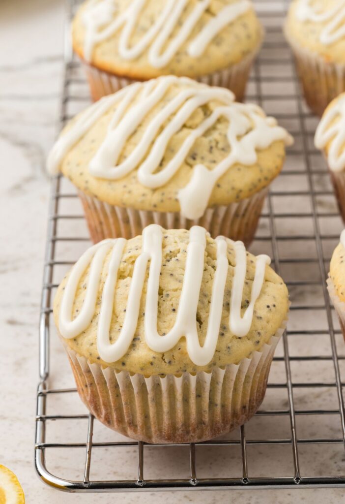 Side view of the muffins on a cooling rack