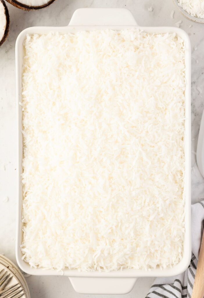 Top view of the cake pan with coconut flakes on top of the coconut cake.