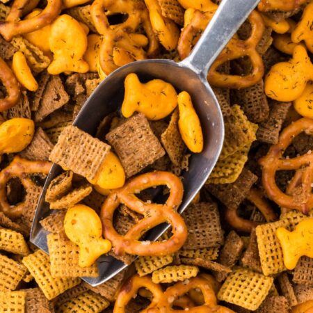 A scoop inside the savory snack mix