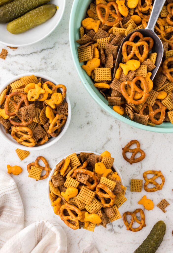 Overhead pic of the chex mix with a serving bowl of it.
