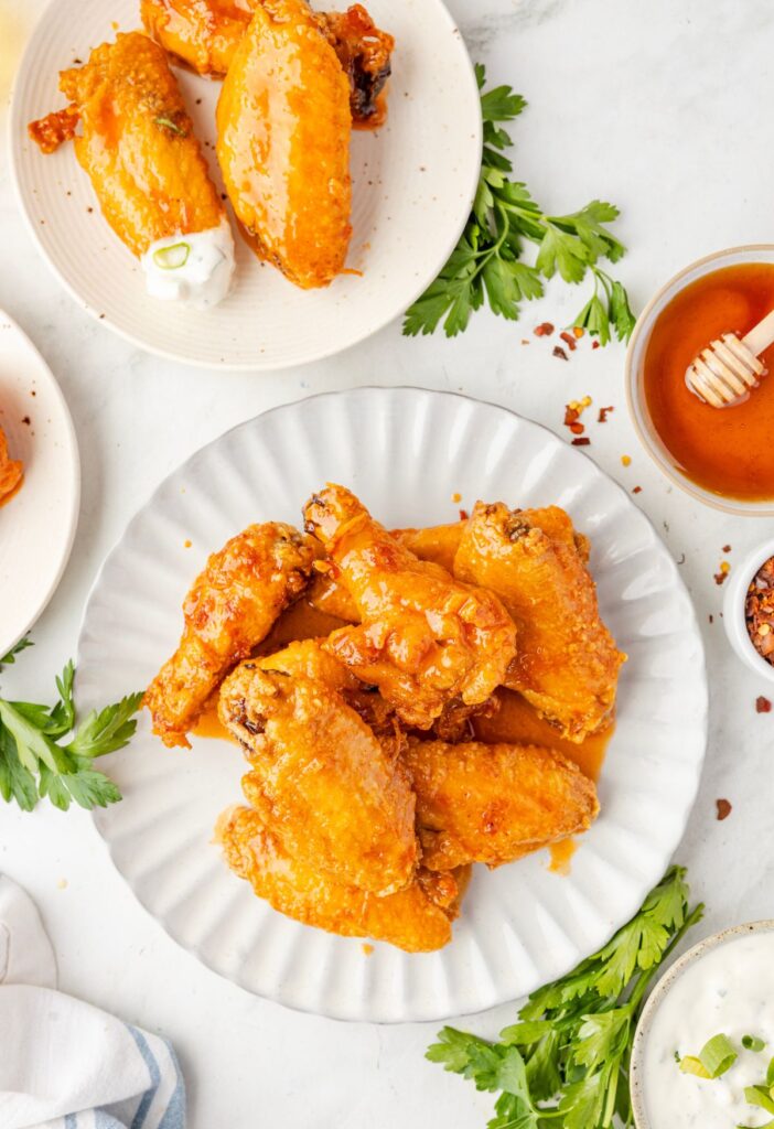 Top view of the wings with buffalo hot honey sauce