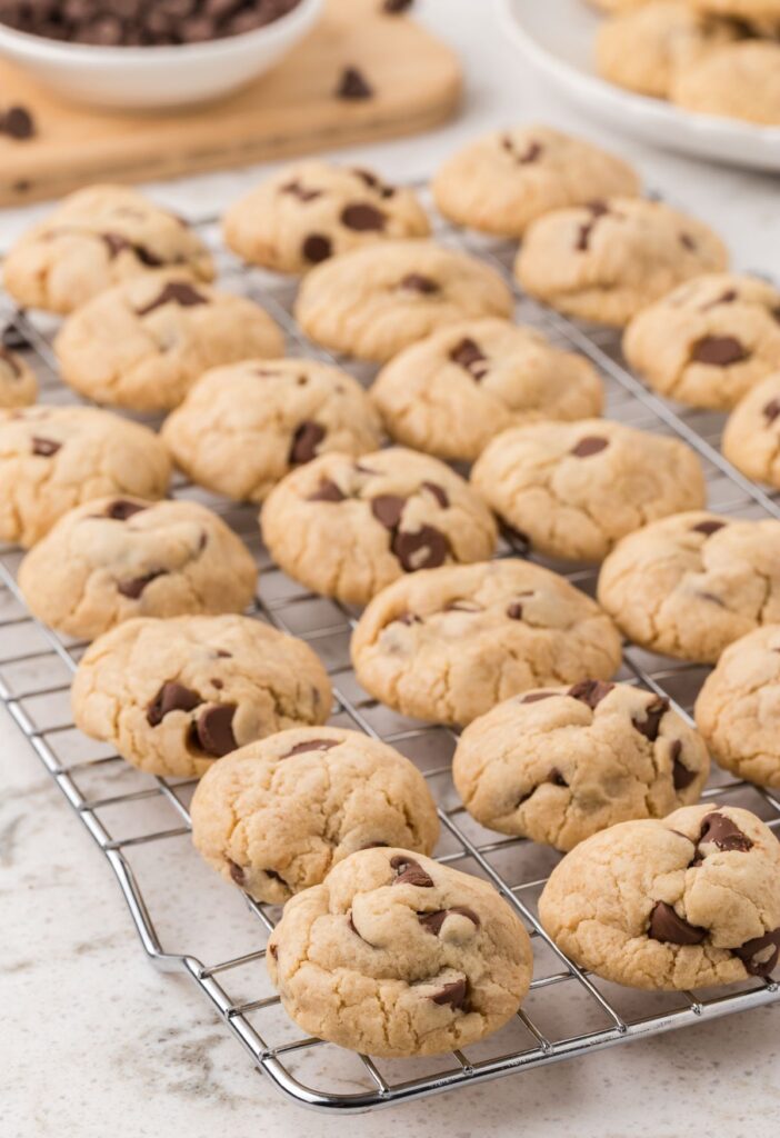 Wire cooling rack with chocolate chip cookies on it.