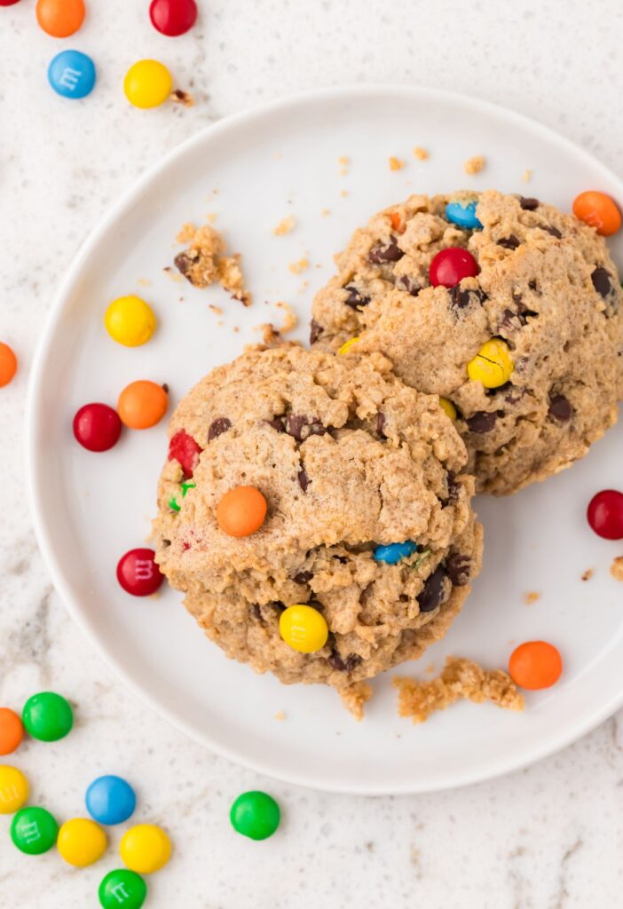 No Flour Monster Cookies on a white plate