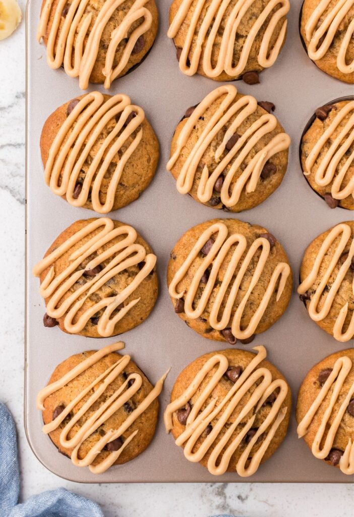 Muffin pan of peanut butter banana muffins.