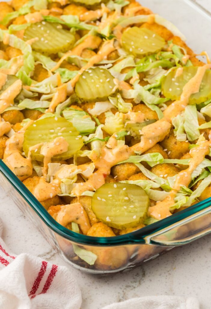 The baking dish of tater tot casserole